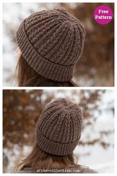 two pictures of a woman's hat with the text free knitting pattern on it