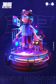 an animated character standing on top of a table with neon lights in front of him