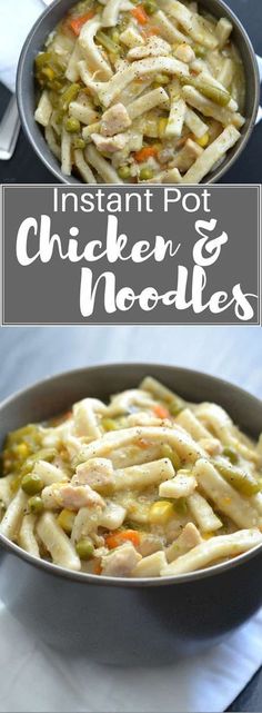 an image of chicken and noodles in a pan with the title instant pot chicken noodles