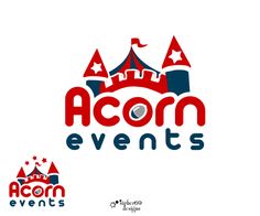 the acorn events logo is shown in red, white and blue with castle silhouettes