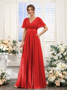 A-Line V-Neck Short Sleeves Chiffon Bridesmaid Dresses with Pockets-Lavetir Short Sleeve Bridesmaid Dress, Dresses With Pockets, Chiffon Bridesmaid Dresses, Party Dresses Online, Formal Party Dress, Chiffon Bridesmaid Dress, Butterfly Sleeves, Formal Party, Chiffon Bridesmaid