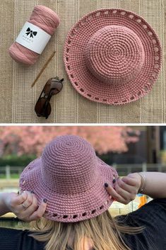 a woman wearing a pink hat next to a yarn ball and sunglasses on top of a table