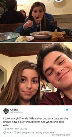 two people sitting at a table with food in front of them and the caption reads, i look my friends little sister out on a date so she knows how to