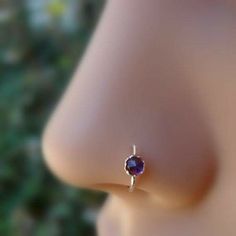 a close up view of a nose with a ring on it's tip and a small flower in the background