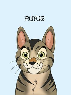 a drawing of a cat with the words rutus on it's chest and head