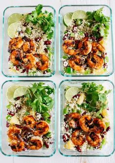 four glass dishes filled with rice, shrimp and garnished with cilantro