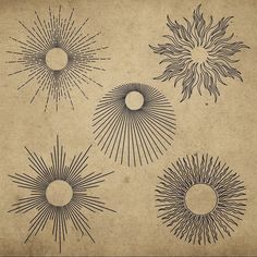 four sunbursts drawn in black ink on brown paper, each with different shapes and sizes