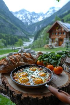 some food is sitting on top of a tree stump