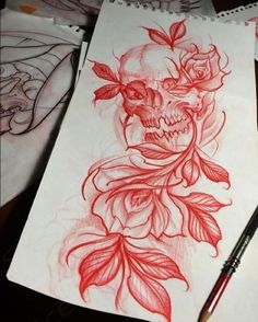 a drawing of a skull with roses on it