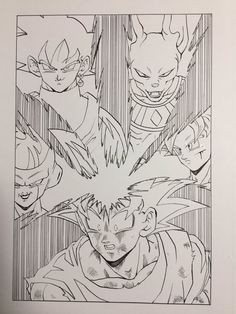 a drawing of gohan surrounded by other dragon ball characters in black and white ink