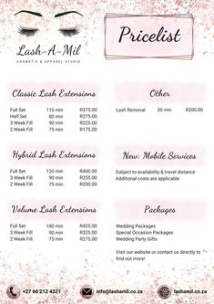 Lash Prices, Esthetician Marketing, Eyelash Technician, Volume Lash Extensions, Price List Template, Nail Services, Brow Lamination, Microblading Eyebrows, Brow Makeup