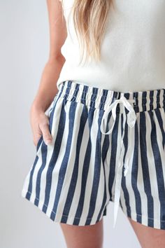 Stripe Twill Denim Shorts Vacation Shorts With Elastic Paperbag Waist, Vacation Paperbag Waist Shorts With Elastic Waistband, Vacation Paperbag Waist Shorts With Elastic Band, Casual Vacation Shorts With Tie Waist, Summer Loungewear Shorts With Tie Waist, Summer Loungewear Bottoms With Banded Waist, Summer Cotton Shorts With Tie Waist, Summer Cotton Bottoms With Banded Waist, Spring Vacation Shorts With Tie Waist