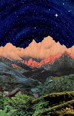 a painting of mountains with stars in the sky