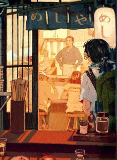 a painting of people sitting at a table in front of a store window with food on the counter