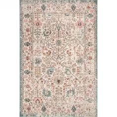 a rug with an ornate design on the front and back side, in beige tones