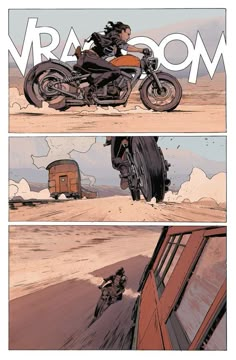 an image of a comic book page with a motorcycle riding through the middle of it