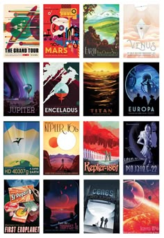 an image of some posters that are all different colors and sizes, with the words mars on them