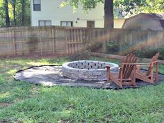 an outdoor fire pit with chairs around it