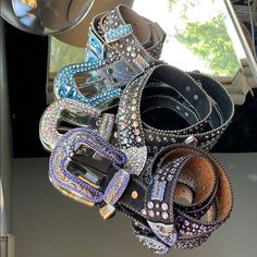 Gently Worn Slight Wear Authentic Swarovski Crystals On Italian Leather Includes All 3 Belts & 2 Black Velvet Bags Open To Selling Separately Bb Simone Belt, Bb Simon Belt, Bb Simon Belts Skull, Diamond Skull Belt, Rhinestone Buckle Belt, Chopard Sunglasses, Chrome Hearts Sunglasses, Belt Collection, Velvet Bags