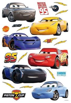 cars from the disney pixar movie are shown in various colors and sizes, including lightning