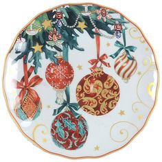 a christmas plate with ornaments hanging from it