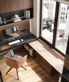 an office with a desk, chair and bookcase in front of a large window