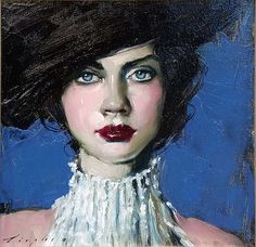 a painting of a woman wearing a black hat and white dress with red lipstick on her lips