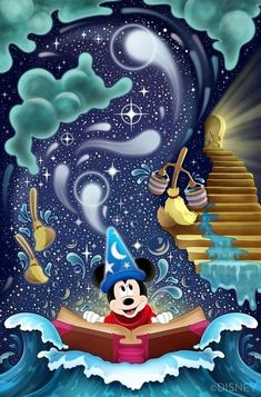 mickey mouse in a boat floating on the water with stairs and stars above it, as if