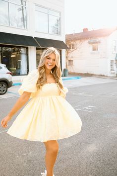 3/4 puff sleeve beautiful dress! We love this yellow Small texture design on it see picture for closeup! Yellow Fluffy Dress, Pale Yellow Dress Short, Pastel Yellow Dresses, Pastel Dresses Short, Puff Sleeve Dress Formal, Yellow Birthday Dress, Yellow Puff Sleeve Dress, Pastel Yellow Dress, Light Yellow Dress