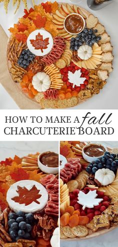 a platter filled with cheese, crackers and other foods that includes maple leaves