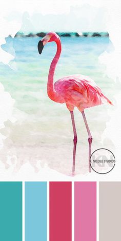 a pink flamingo standing on top of a beach next to the ocean with color swatches