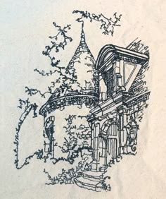 an ink drawing of a building with a clock tower on it's side and trees in the background