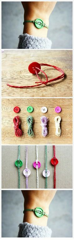 four different pictures showing how to make an origami bracelet with yarn and buttons