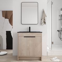 a bathroom with a sink, mirror and towel rack on the wall next to it