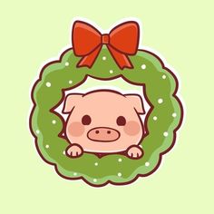 a pig in a wreath with a bow on its head