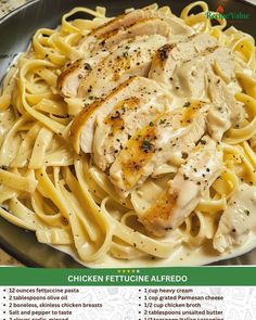 chicken fettuccine alfredo on a plate with seasoning