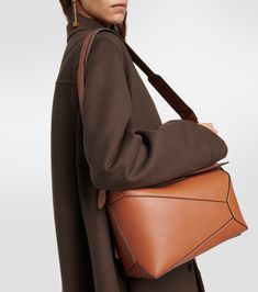 Puzzle Edge Leather Shoulder Bag in Brown - Loewe | Mytheresa Loewe Puzzle Bag, Loewe Puzzle, Puzzle Bag, Loewe Bag, Fancy Bags, Brown Bags, Medium Bags, Fun Bags, Large Bags