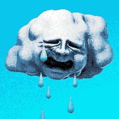 an image of a cloud with rain drops coming out of it's face and the sky in the background