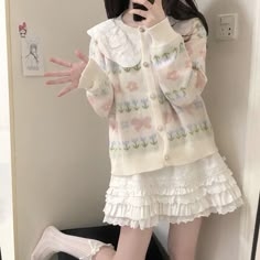 Kawaii Sweater Cardigan with Oversized Lace Collar, cute bow and flowers knit print, pearl buttons ONE SIZE Bust 110cm Length 54cm Cutecore Sweater, Cardigans Aesthetic, Shojo Outfits, Shoujo Outfits, Kawaii Cardigan, Kawaii Sweater, Deer Doll, Pretty Sweaters, Mori Girl Fashion