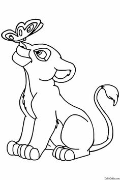 the lion cub is sitting down and looking at something in his mouth coloring pages for kids