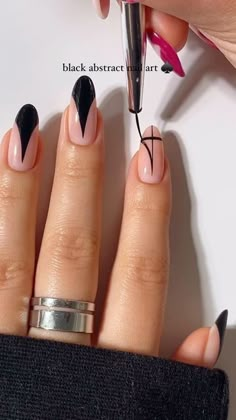 Witchy Simple Nails, French Nails Autumn Style, Chic Oval Nails, Natural Nails Black Design, Black Abstract Nail Designs, Tipped Nail Designs, Black Abstract Nail Art, Numbers On Nails Design, Nails Black Accent