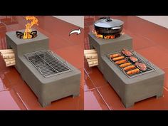 an outdoor bbq grill with hot dogs cooking on it's sides and flames coming out