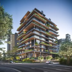 an artist's rendering of a building with plants growing on the balconies