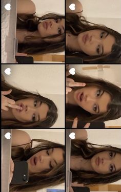 multiple pictures of a woman making faces with her cell phone and looking at the camera