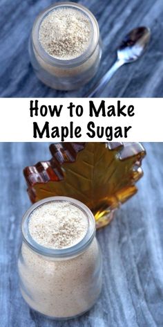 two jars filled with maple sugar sitting on top of a table