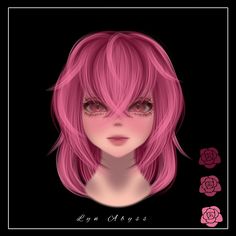 a digital drawing of a girl with pink hair and flowers on her head, in front of a black background