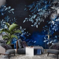 Bring a sense of tranquility and elegance to your home with this navy blue botanical wallpaper, featuring stunning watercolor-style leafy patterns. Perfect for living rooms, bedrooms, or feature walls, this design adds a bold yet calming atmosphere to your space. Size: Our sample offers you a perfect glimpse into the quality and design of our wallpapers. Material: Crafted with premium peel and stick material, our wallpapers are not only easy to apply but also of superior quality, ensuring an elegant touch to your house. Style Inspiration: Looking for ideas on how to incorporate our wallpapers into your space? You can always contact us for our support 7/24 . Whether you're revamping your home office or adding a pop of color to your living room, our wallpapers are versatile and suited for va Navy Bedroom Wallpaper, Navy Floral Wallpaper, Blue Botanical Wallpaper, Bedroom Wallpaper Accent Wall, Navy Bedrooms, Navy Bedroom, Dark Blue Flowers, Wallpaper Watercolor, Calming Atmosphere