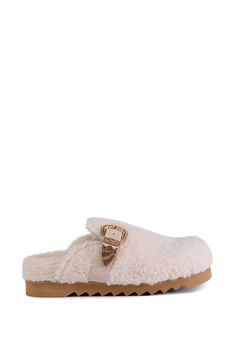 Like clouds for your feet. The AZALEA WANG Devany White Sherpa Slip On Clog features a plush faux sherpa upper, flat textured sole, cushioned insole, and an easy slip-on fit. These cozy cuties are complete with a decorative faux leather buckle featuring metallic gold hardware. Wear them with leggings and an oversized turtleneck for a snug finish.  - Faux Sherpa Upper - Round Toe - Textured Flat Sole - Imported Product ID: 429438 Azalea Wang, Oversized Turtleneck, Leather Buckle, Fast Fashion, Metallic Gold, Gold Hardware, Clogs, Gold Metal, Faux Leather