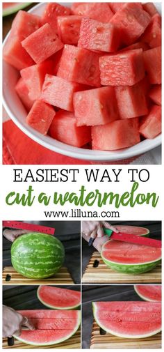 watermelon slices cut in half and placed on cutting board with text overlay that says easy way to cut a watermelon