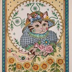 a drawing of a cat wearing a hat with flowers on it's chest and holding a flower in its paws